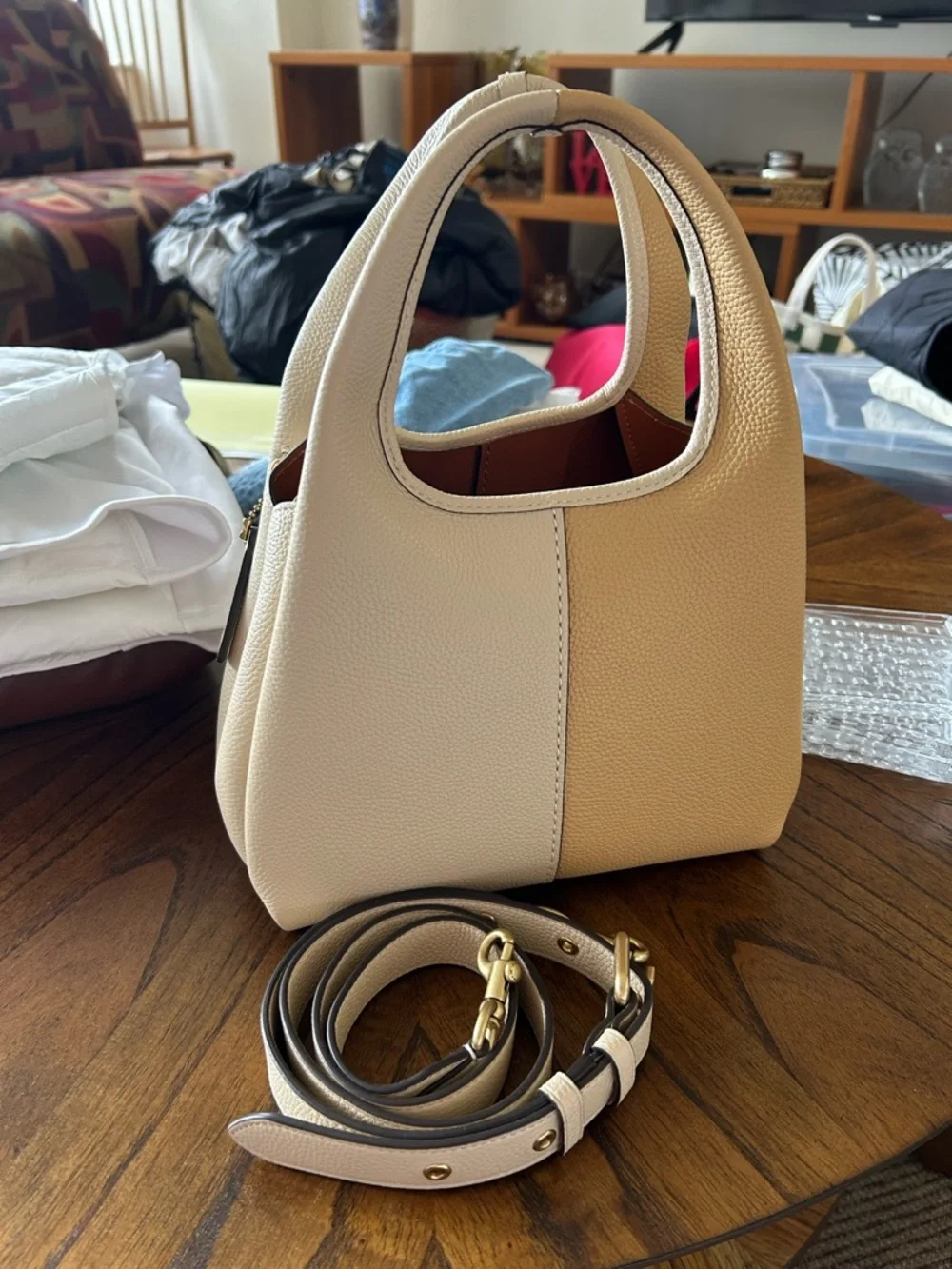 Coach Two-Tone Beige/Tan Pebbled Leather Shoulder Bag - Picture 2 of 5